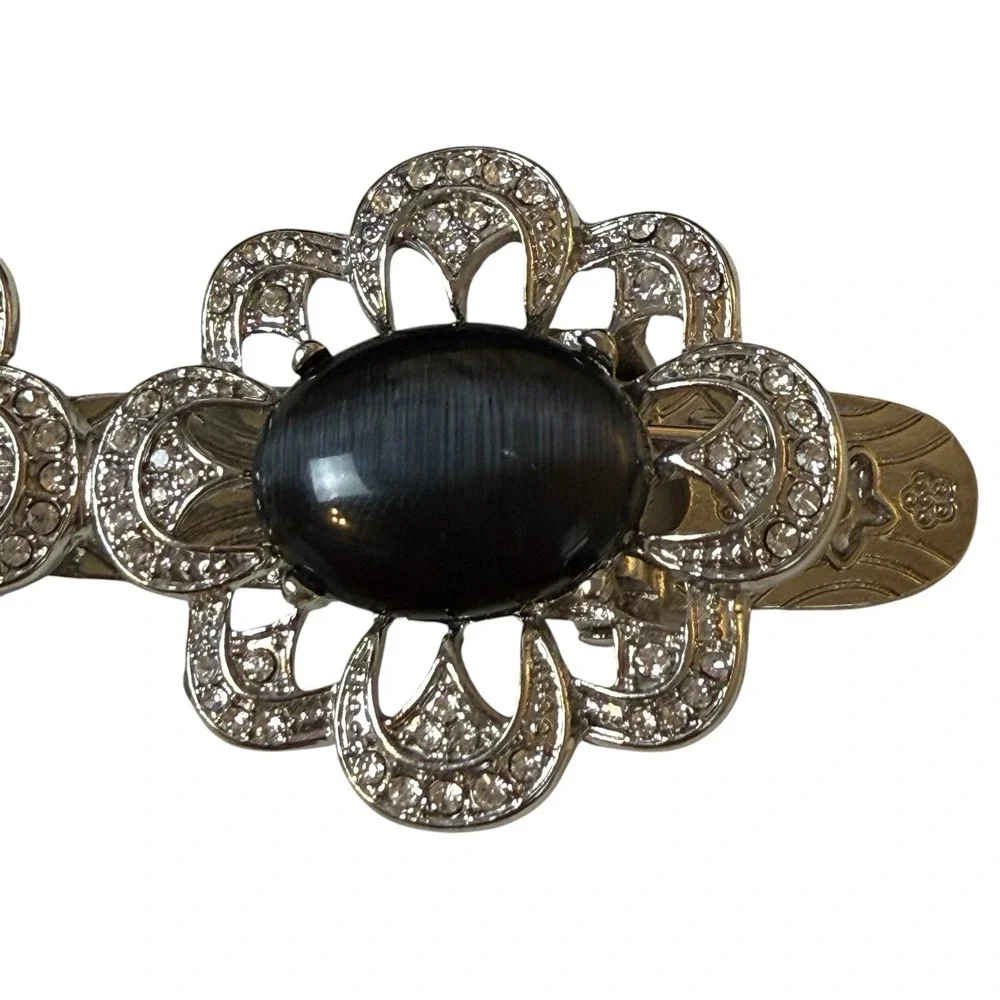 Vtg Art Deco Silver Tone Hair Clip Black Cat Eye Glass Victorian Gothic 4 Inch